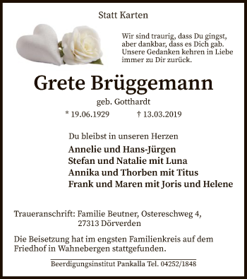 Traueranzeige von Grete Brüggemann von SYK