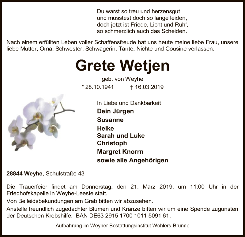  Traueranzeige für Grete Wetjen vom 19.03.2019 aus SYK
