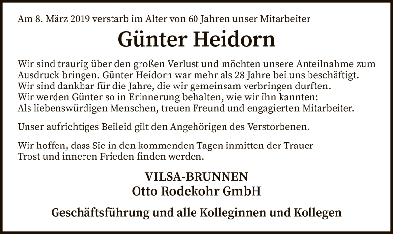  Traueranzeige für Günter Heidorn vom 13.03.2019 aus SYK