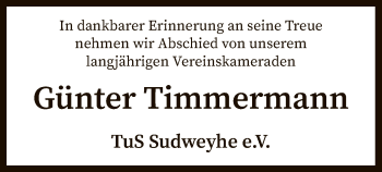 Traueranzeige von Günter Timmermann von SYK