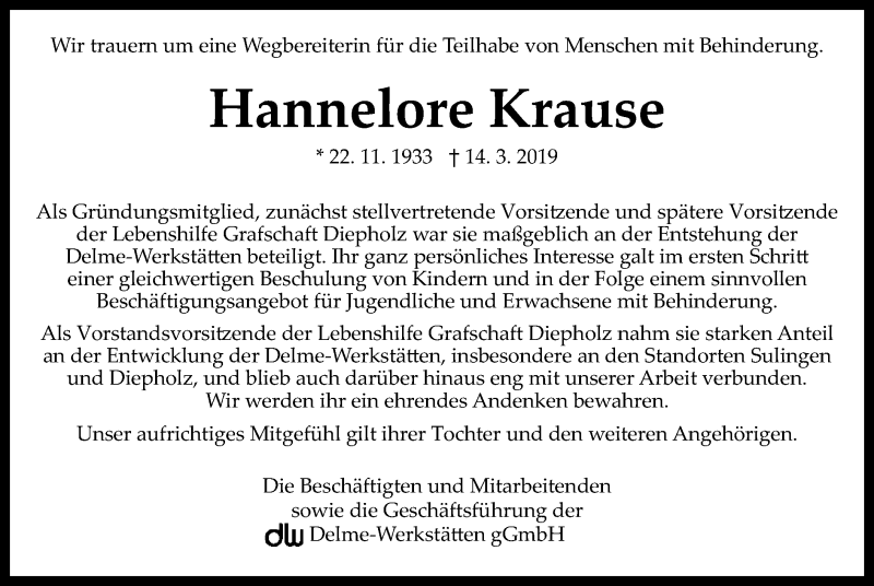  Traueranzeige für Hannelore Krause vom 19.03.2019 aus SYK