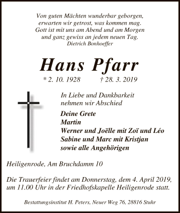 Traueranzeige von Hans Pfarr von SYK