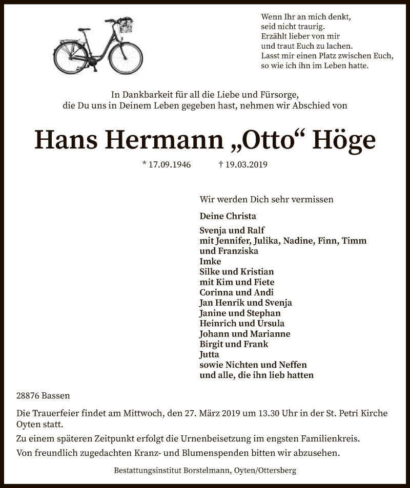  Traueranzeige für Hans Hermann Otto Höge vom 22.03.2019 aus SYK