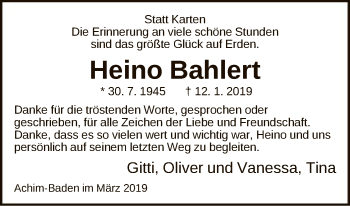 Traueranzeige von Heino Bahlert von SYK