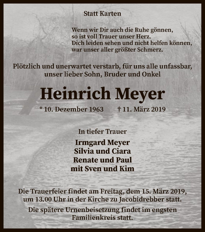  Traueranzeige für Heinrich Meyer vom 14.03.2019 aus SYK