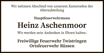 Traueranzeige von Heinz Aschenmoor von SYK