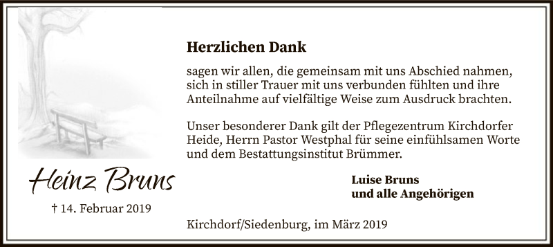  Traueranzeige für Heinz Bruns vom 09.03.2019 aus SYK