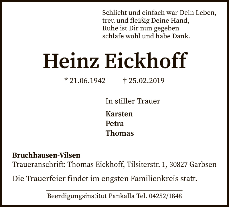  Traueranzeige für Heinz Eickhoff vom 02.03.2019 aus SYK