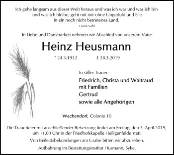 Traueranzeige von Heinz Heusmann von SYK