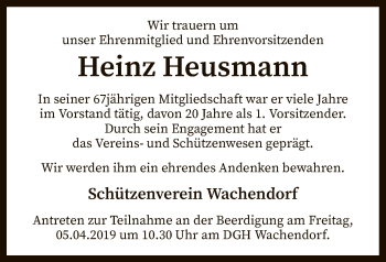 Traueranzeige von Heinz Heusmann von SYK