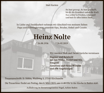 Traueranzeige von Heinz Nolte von SYK