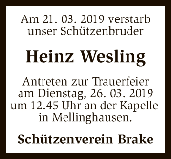 Traueranzeige von Heinz Wesling von SYK