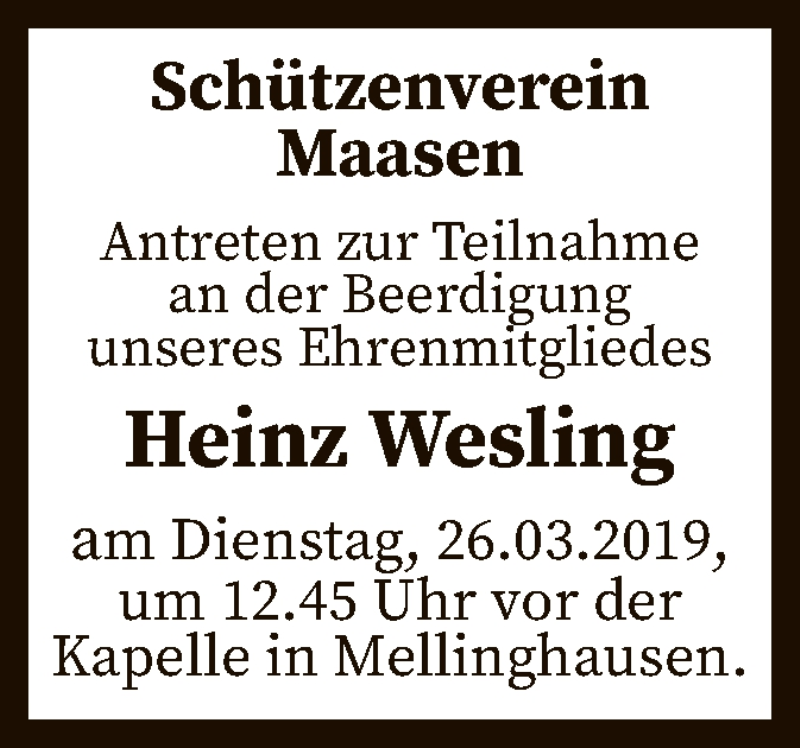  Traueranzeige für Heinz Wesling vom 23.03.2019 aus SYK