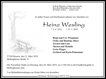 Traueranzeige von Heinz Wesling von SYK