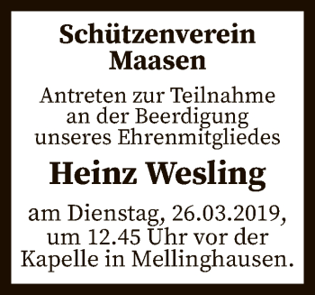 Traueranzeige von Heinz Wesling von SYK