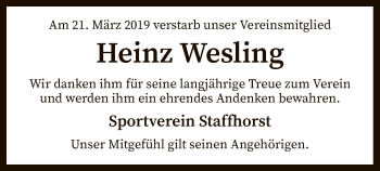 Traueranzeige von Heinz Wesling von SYK