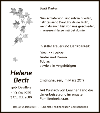 Traueranzeige von Helene Beck von SYK