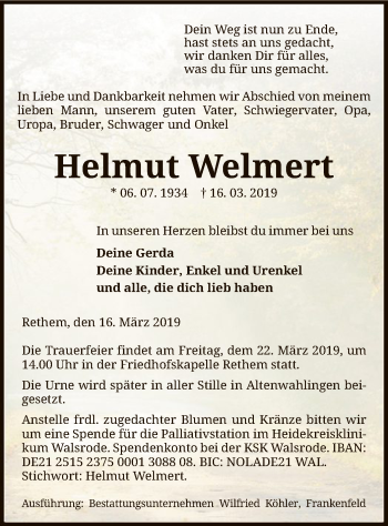 Traueranzeige von Helmut Welmert von SYK