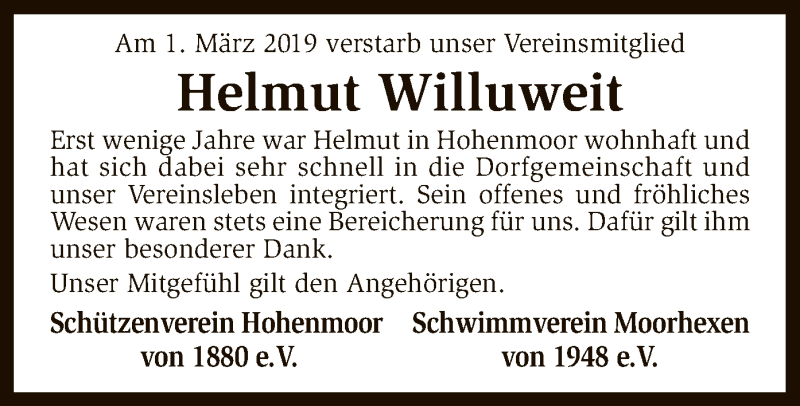  Traueranzeige für Helmut Willuweit vom 11.03.2019 aus SYK