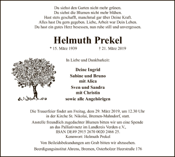 Traueranzeige von Helmuth Prekel von SYK