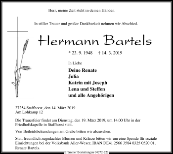 Traueranzeige von Hermann Bartels von SYK