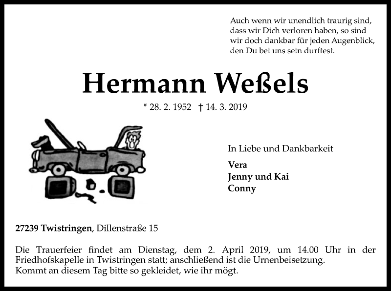  Traueranzeige für Hermann Weßels vom 30.03.2019 aus SYK