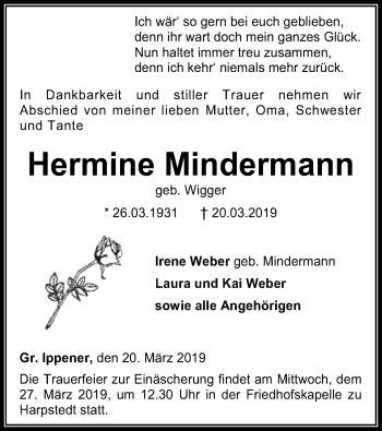 Traueranzeige von Hermine Mindermann von SYK