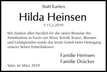 Traueranzeige von Hilda Heinsen von SYK