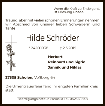 Traueranzeige von Hilde Schröder von SYK