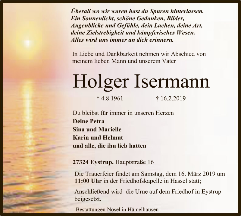 Traueranzeige für Holger Isermann vom 09.03.2019 aus SYK