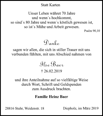 Traueranzeige von Ilse Baer von SYK
