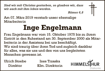 Traueranzeige von Inge Engelmann von SYK