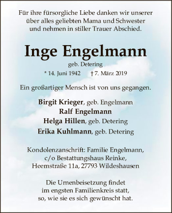 Traueranzeige von Inge Engelmann von SYK