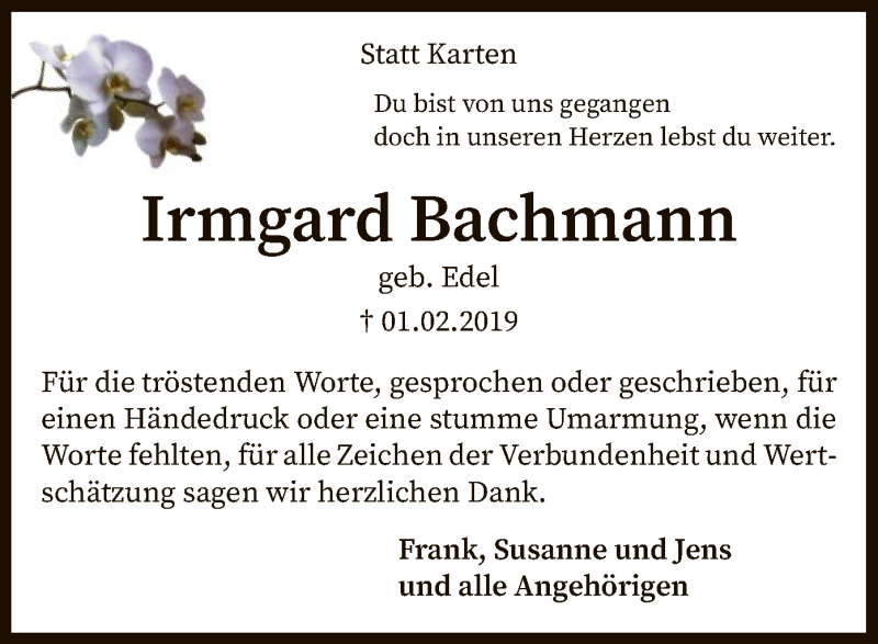  Traueranzeige für Irmgard Bachmann vom 16.03.2019 aus SYK