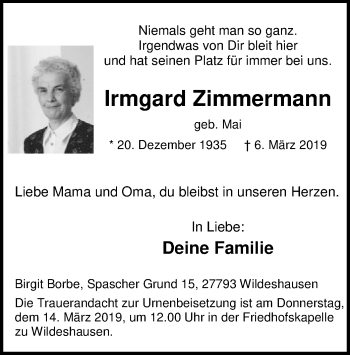 Traueranzeige von Irmgard Zimmermann von SYK