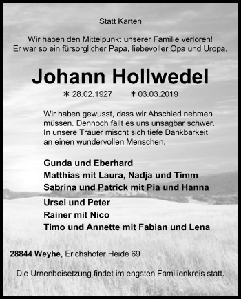 Traueranzeige von Johann Hollwedel von SYK