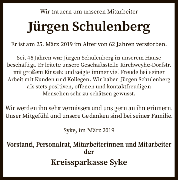 Traueranzeige von Jürgen Schulenberg von SYK