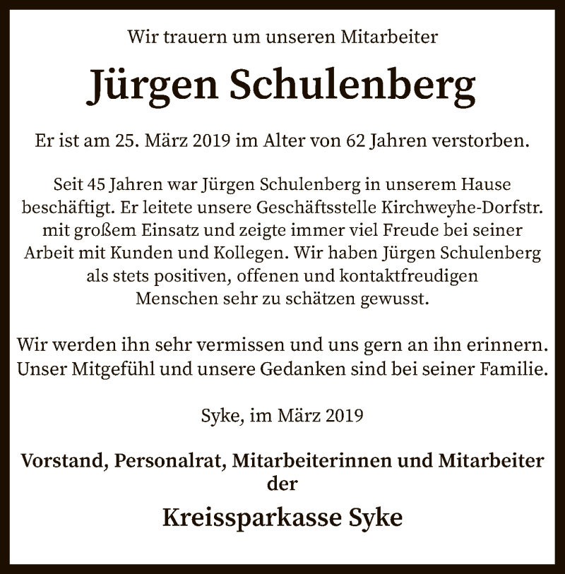  Traueranzeige für Jürgen Schulenberg vom 30.03.2019 aus SYK