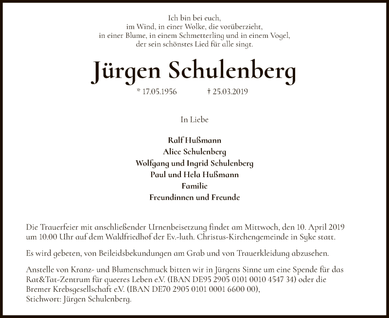  Traueranzeige für Jürgen Schulenberg vom 30.03.2019 aus SYK