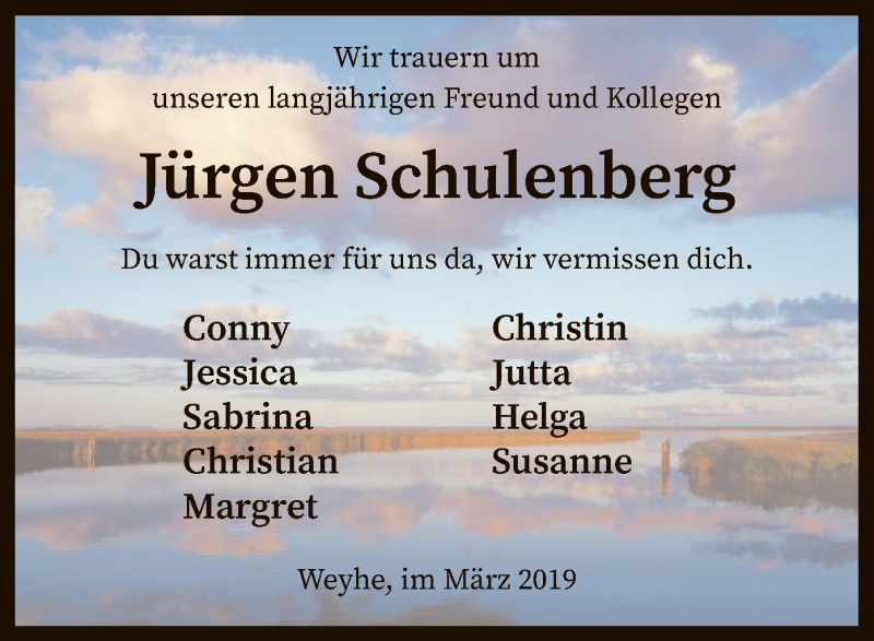  Traueranzeige für Jürgen Schulenberg vom 30.03.2019 aus SYK