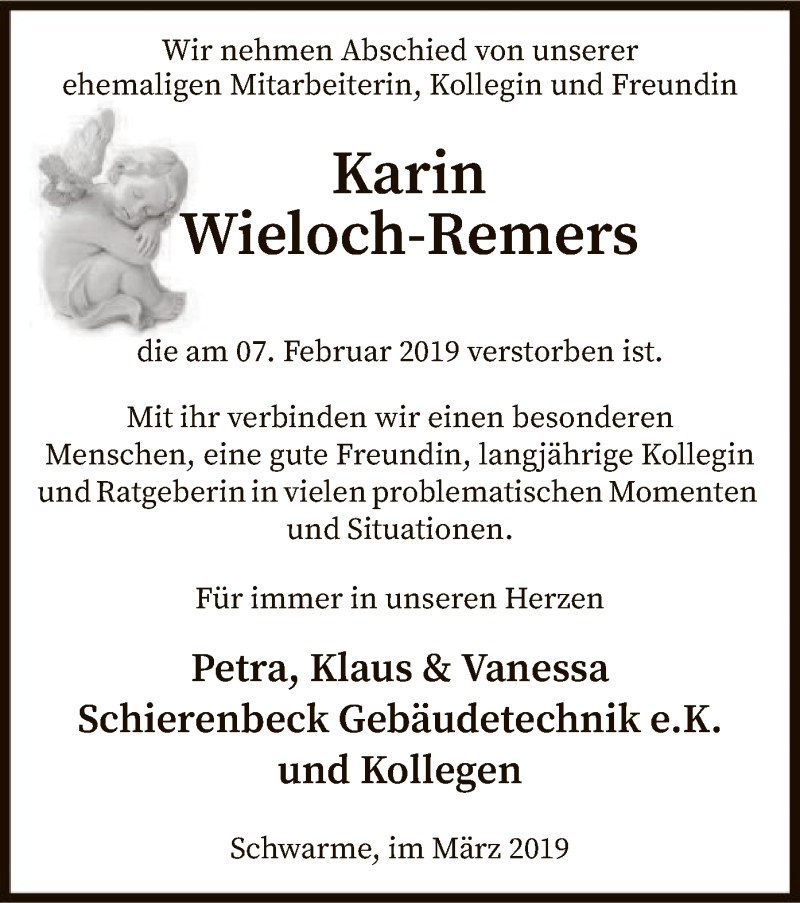  Traueranzeige für Karin Wieloch-Remers vom 07.03.2019 aus SYK
