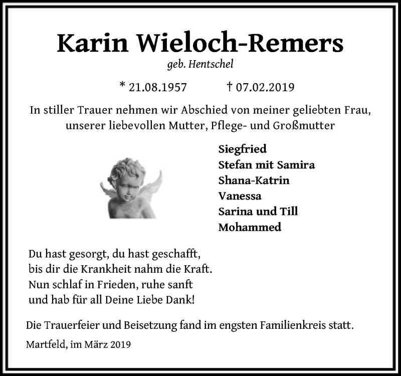  Traueranzeige für Karin Wieloch-Remers vom 02.03.2019 aus SYK