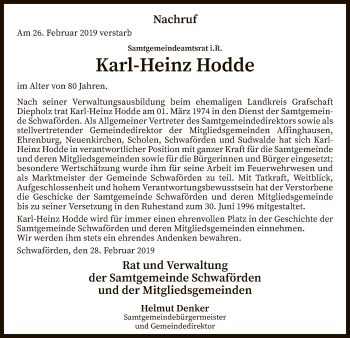 Traueranzeige von Karl-Heinz Hodde von SYK