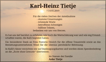 Traueranzeige von Karl-Heinz Tietje von SYK