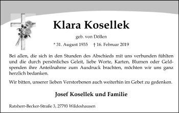Traueranzeige von Klara Kosellek von SYK