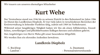 Traueranzeige von Kurt Wehe von SYK