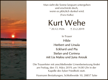 Traueranzeige von Kurt Wehe von SYK