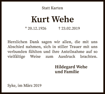 Traueranzeige von Kurt Wehe von SYK