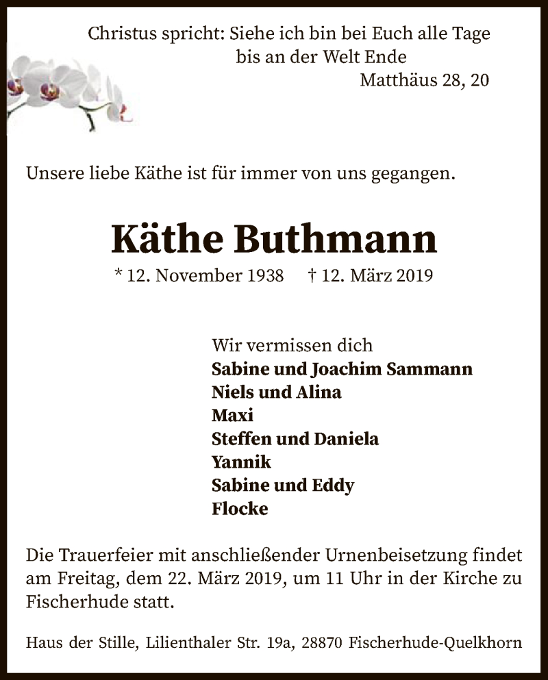  Traueranzeige für Käthe Buthmann vom 19.03.2019 aus SYK