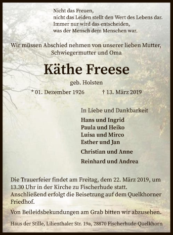 Traueranzeige von Käthe Freese von SYK